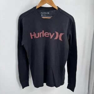 Hurley Shirt Mens M Black Long Sleeve Thermal Waffle Logo Graphic Tee Surf